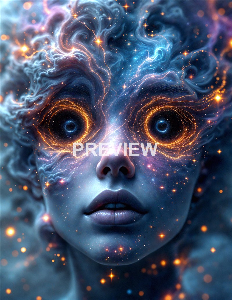 A surreal digital artwork of a female face with cosmic elements, where her eyes and forehead are replaced by swirling, glowing nebulae and star-like patterns, giving an otherworldly and mystical appearance.